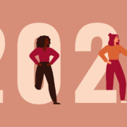 Strong women stand together near 2022. Happy new year banner with girls of different nationalities and cultures. Concept of feminism and female empowerment movement. Vector illustration