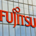 KIEV, UKRAINE - OCTOBER 07, 2017: Logo Fujitsu closeup, a Japanese multinational information technology equipment and services company booth at CEE 2017, electronics trade show in KyivExpoPlaza EC.
