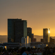 Vienna Twin Towers and other office buildings in Wienerberg City with reflections from the sunset