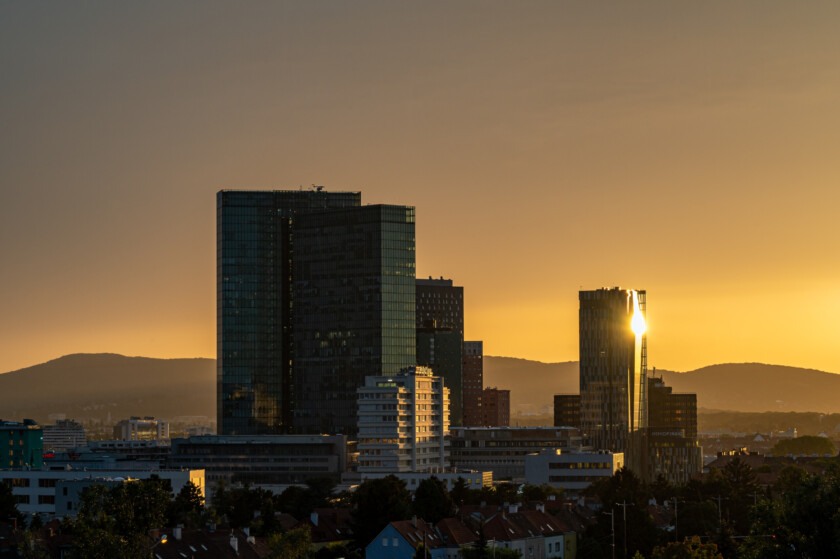 Vienna Twin Towers and other office buildings in Wienerberg City with reflections from the sunset
