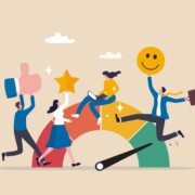 Employee engagement, commitment or motivation to success with company, staff dedication or job satisfaction, productivity or employee recognition, business people employee with stars and happy reward.