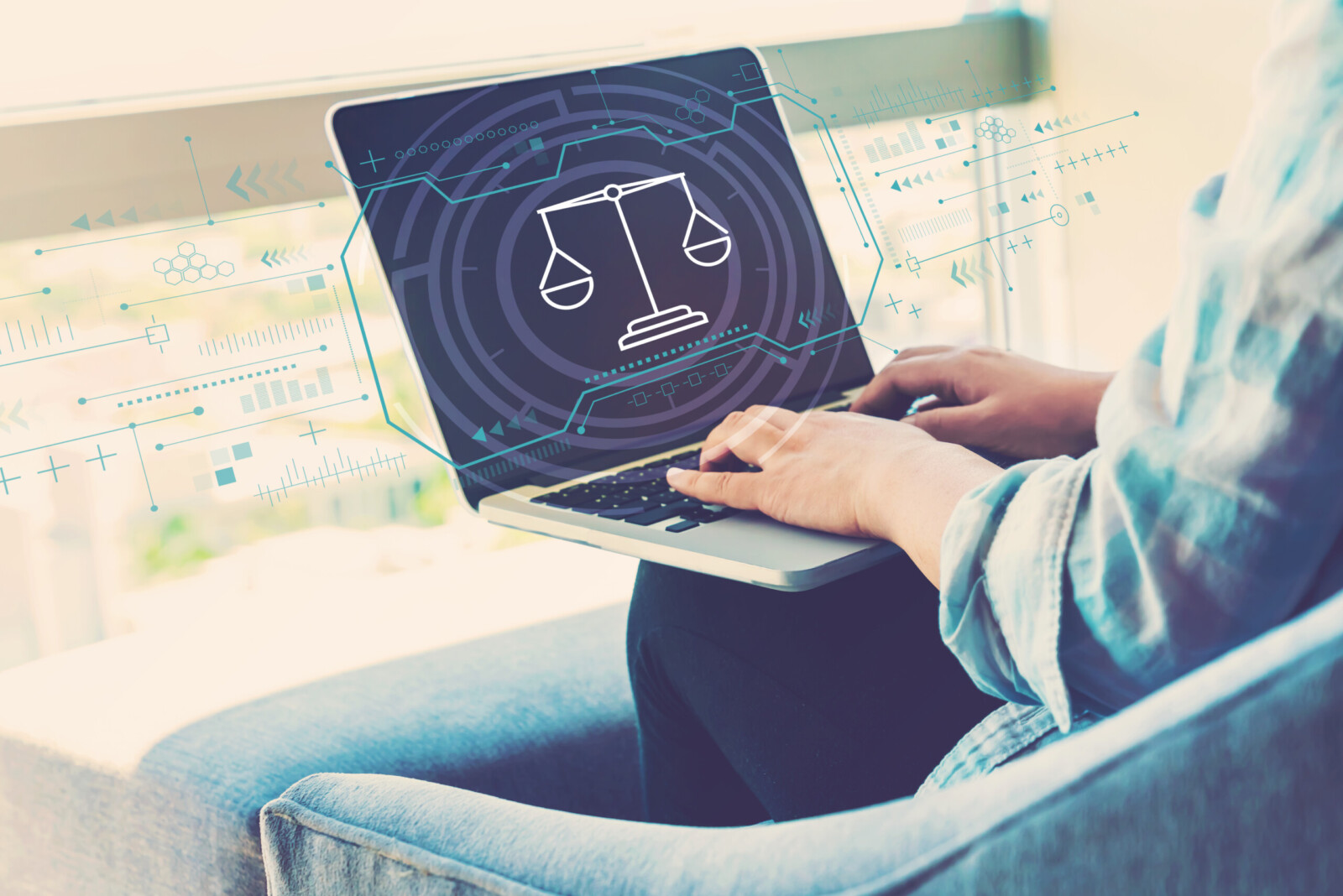 Legal Tech Studium Justice theme with woman using her laptop in her home office