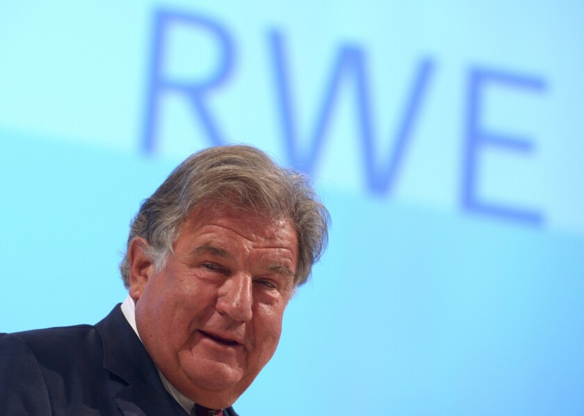 epa03188073 RWE CEO Juergen Grossmann speaks at the general meeting of the energy giant RWE in Essen, Germany, 19 April 2012. Grossmann who will leave the company on 30 June 2012 said 2011 was a difficult business year for us, with some significant earnings shortfalls. The operating result fell by 24 per cent to 5.8 billion euors. Earnings Before Interest, Taxes, Depreciation and Amortization (EBITDA) decreased by 18 per cent. Recurrent net income, the basis for determining our dividend, declined by 34 per cent to 2.5 billion euros. EPA/FEDERICO GAMBARINI
