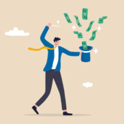 Get rich fast, make money or profit from investment,FED or central bank stimulation money, financial or wealth advisor concept, businessman magician using magic wand to make money from magical hat.