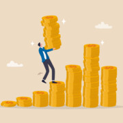 Investment growth compound interest, capital gain profit or wealth accumulation, increase pension fund or revenue, financial success, increase deposit value concept, businessman increase money stack.