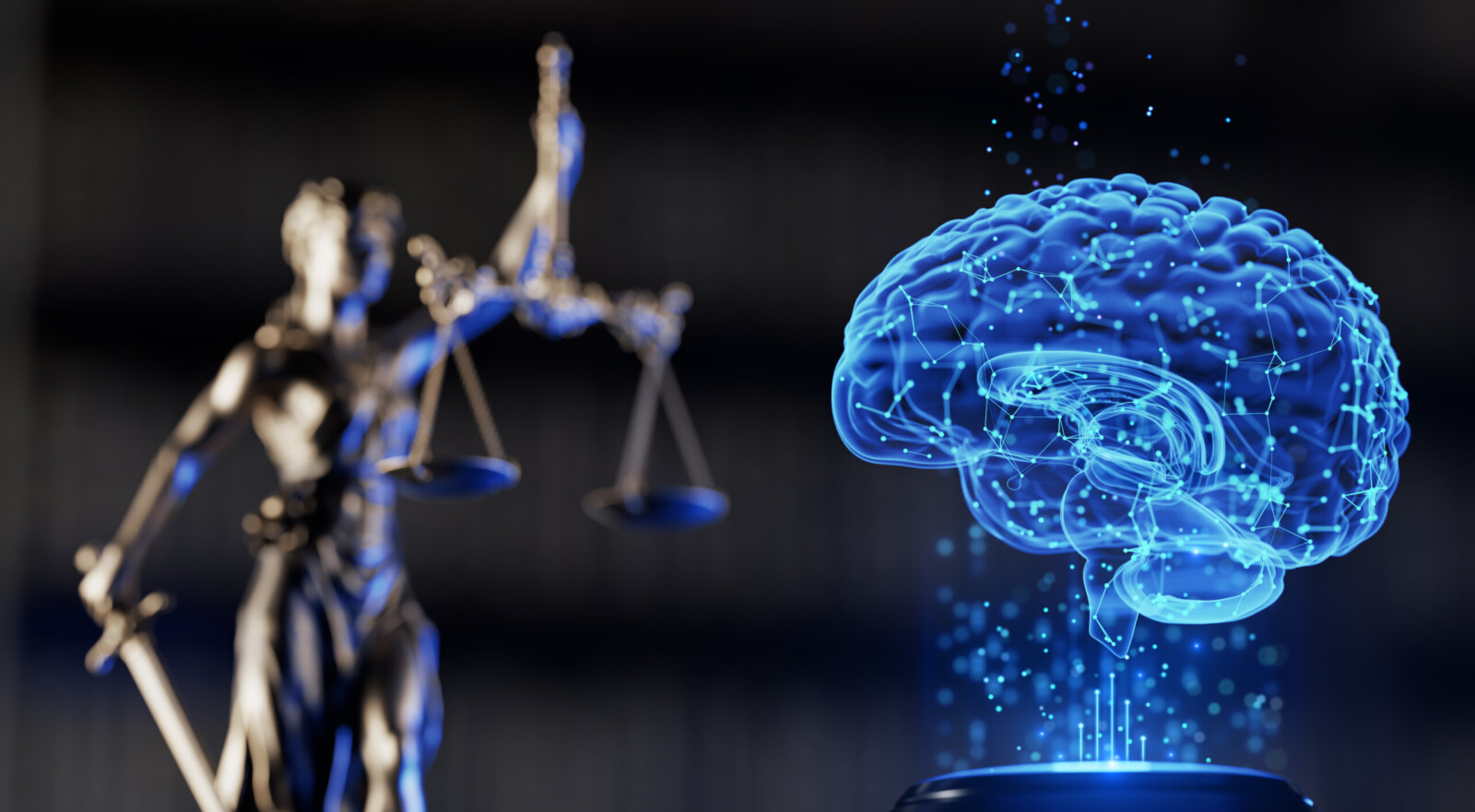 AI Regulation and Justice. Legal and Technology concept. Hologram of the Brain and Statue of Goddess Themis: Symbols of Law, Equality, Legislation and artificial intelligence.