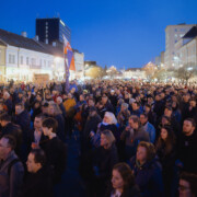 KOSICE, SLOVAKIA - MARCH 15: Thousands of demonstrators gather in the main square to protest against Robert Fico, the prime minister of the SMER political party, and his government for continuing to change laws that try to steer the country in a pro-Russian direction, and also after the newly elected cabinet tried to change the purpose of the country's public broadcaster RTVS in Kosice, Slovakia on March 15, 2024. Robert Nemeti / Anadolu