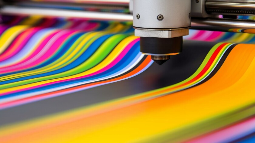 Vibrant abstract colorful paint patterns created by industrial machine.