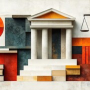 Symbolic Courtroom Collage with Columns and Law Books