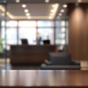 Scales of justice on a desk in a modern lawyer's office with blurred background
