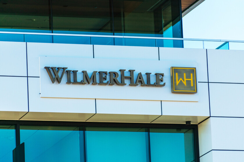 WilmerHale sign, logo on the office facade of Wilmer Cutler Pickering Hale and Dorr LLP an American law - Palo Alto, California, USA - 2022