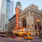 Chicago, USA - August 13 2015: Chicago theater with shows about to start on an early summer's evening