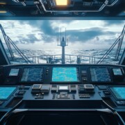 The vessel's state-of-the-art control centre showcases cutting-edge technology as it navigates choppy ocean waters as the sun sets on the horizon.