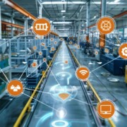 An Industrial Internet of Things IIoT network connecting devices and sensors across a modern factory floor