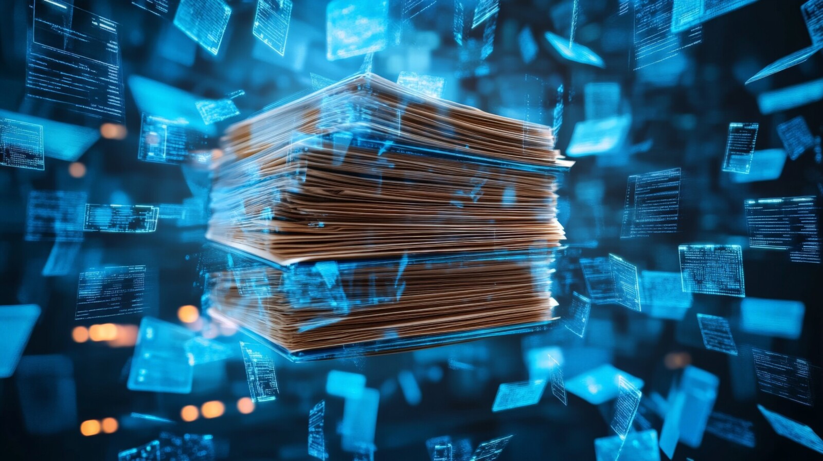 A stack of paper documents with holographic digital data floating around it, symbolizing the transition from physical to digital information.