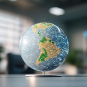 Digital globe on desk shows global connection in office, conceptual work, business