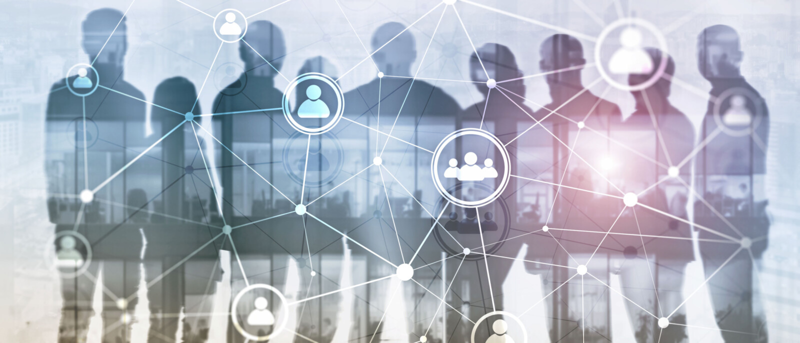 Website header banner. Double exposure people network structure HR - Human resources management and recruitment concept