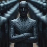 Dark statues of men in suits, leader with crossed arms, eerie setting