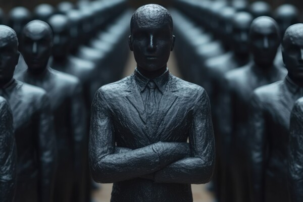 Dark statues of men in suits, leader with crossed arms, eerie setting