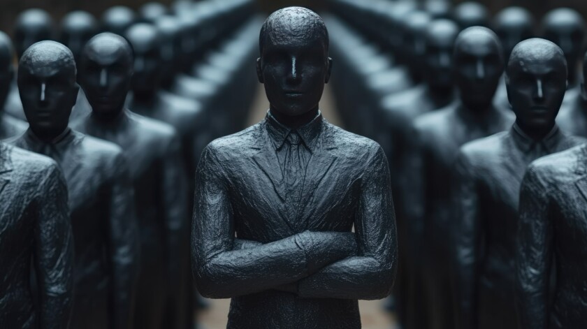 Dark statues of men in suits, leader with crossed arms, eerie setting