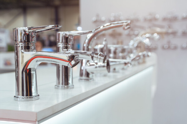 Mixers for kitchen, bathtub, washbasin. Plumbing in a hardware store. Industry